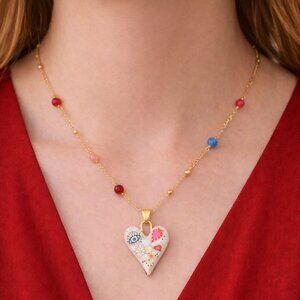 18K Gold Plated Copper Artistic Heart Pendant Bead Chain Necklace